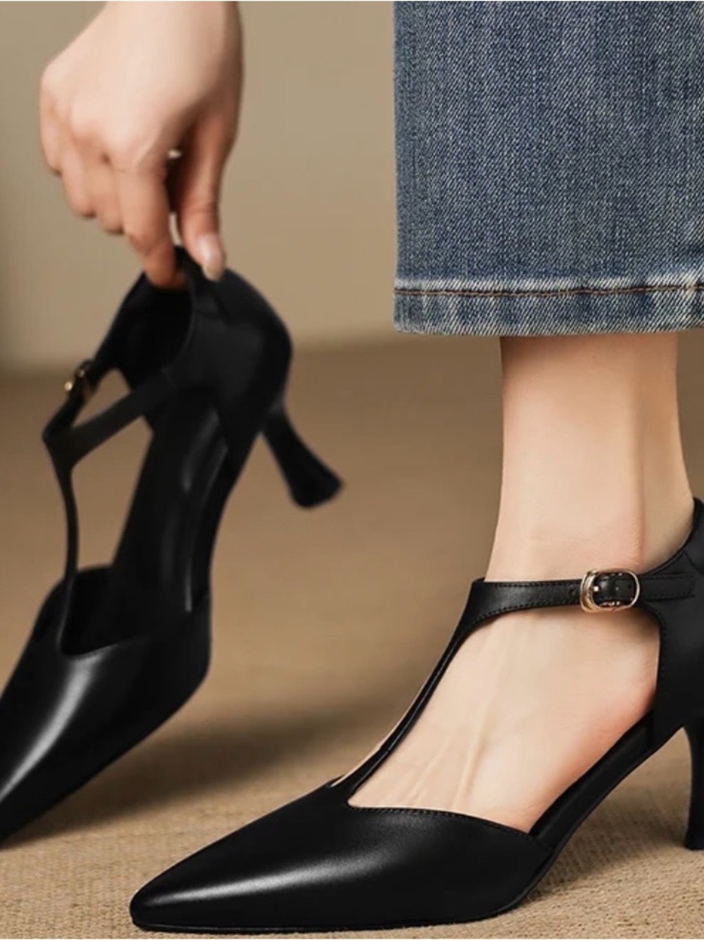 Classic Black T-Strap Mid Heel Pumps